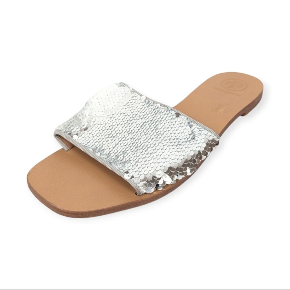 Tory Burch Carter Slide Sandals 8 Silver Sequin Slip On Glam Resort Dressy